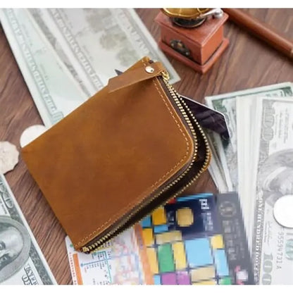 Retro Crazy Horse Leather Zipper Flat Wallet
