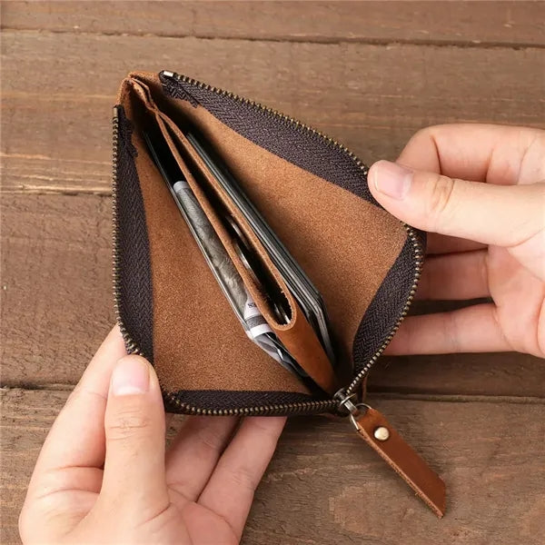 Retro Crazy Horse Leather Zipper Flat Wallet