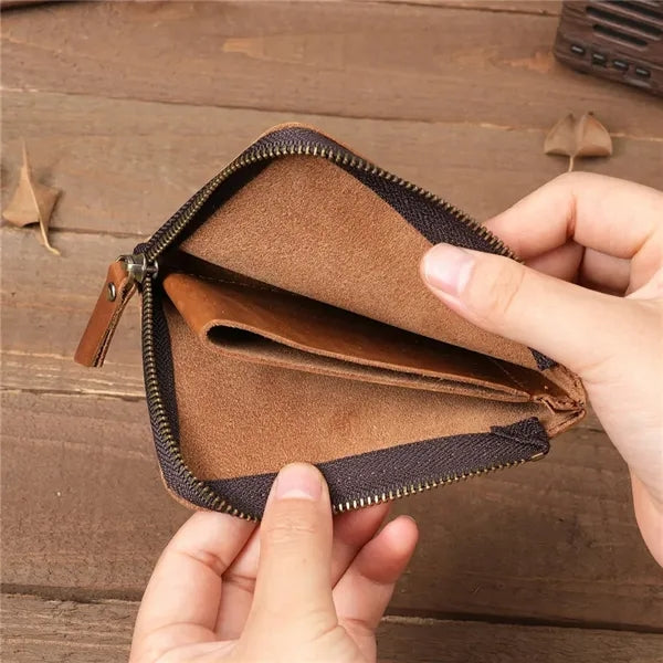 Retro Crazy Horse Leather Zipper Flat Wallet