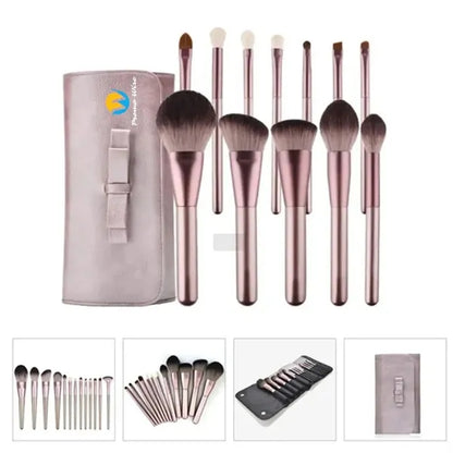 12 Pcs Soft Bristle Wooden Handle Makeup Brush Set with Bag