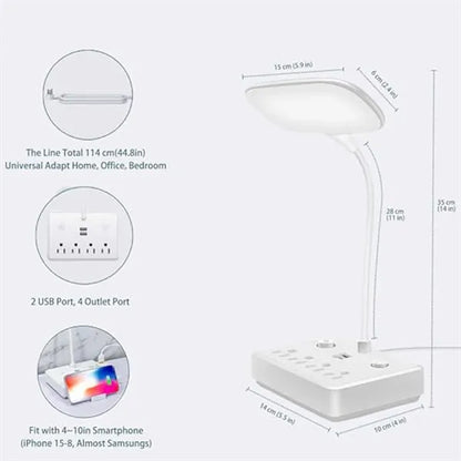 2-in-1 LED Dimmable Desk Lamp with USB Charging Port Socket