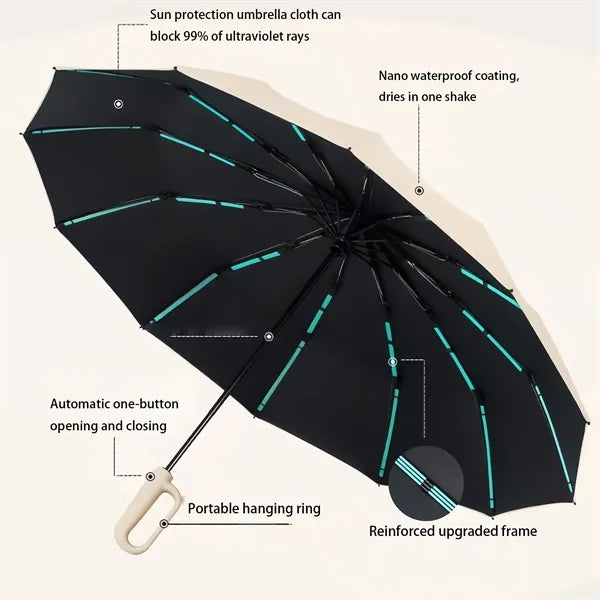 Duty Windproof Folding Umbrella Hook Handle Storm Resistant