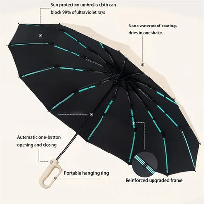 Duty Windproof Folding Umbrella Hook Handle Storm Resistant