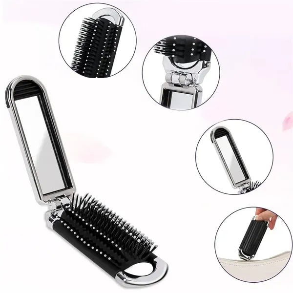 Compact Foldable Travel Hairbrush with Mirror