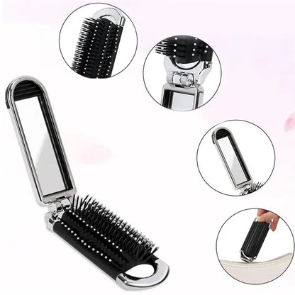 Compact Foldable Travel Hairbrush with Mirror