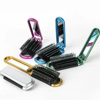 Compact Foldable Travel Hairbrush with Mirror