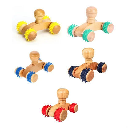 Wooden Handheld Massage Roller with Spiked Wheels