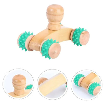 Wooden Handheld Massage Roller with Spiked Wheels