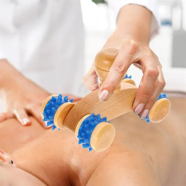 Wooden Handheld Massage Roller with Spiked Wheels
