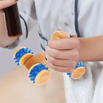 Wooden Handheld Massage Roller with Spiked Wheels