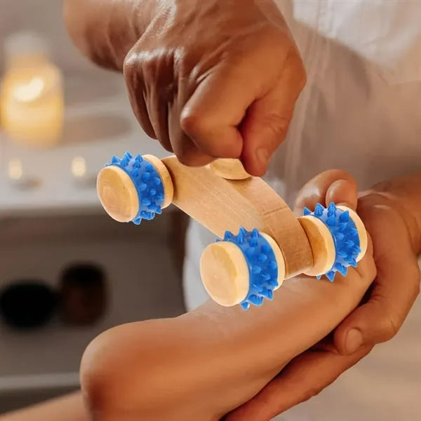 Wooden Handheld Massage Roller with Spiked Wheels