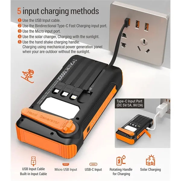 20000mAh Solar Battery Pack with Hand Crank Backup