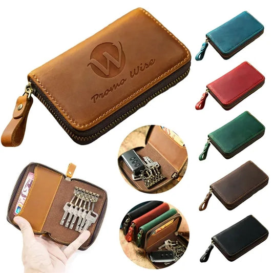 Genuine Cowhide Key Case with Metal Keyring and Card Slot
