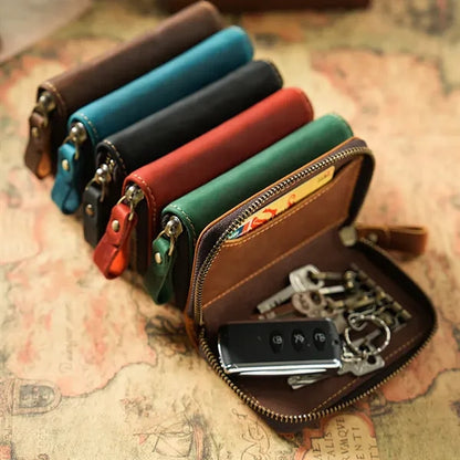 Genuine Cowhide Key Case with Metal Keyring and Card Slot