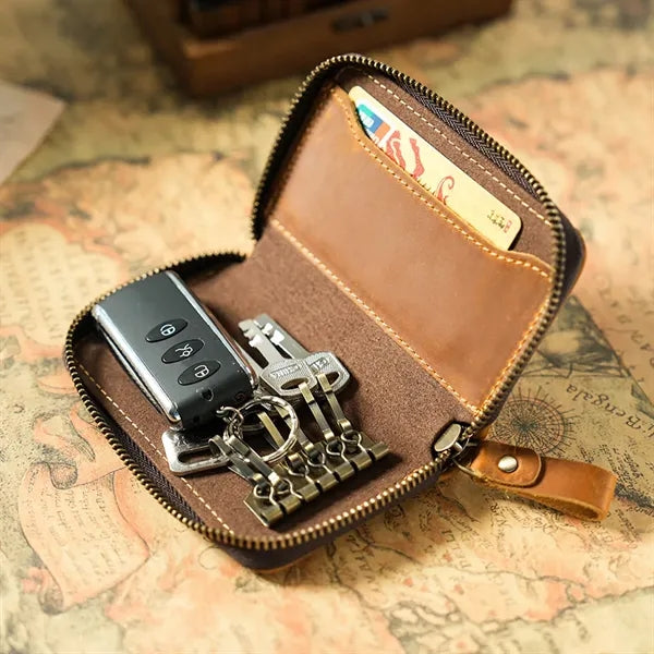 Genuine Cowhide Key Case with Metal Keyring and Card Slot