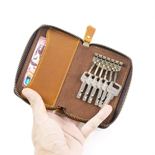 Genuine Cowhide Key Case with Metal Keyring and Card Slot