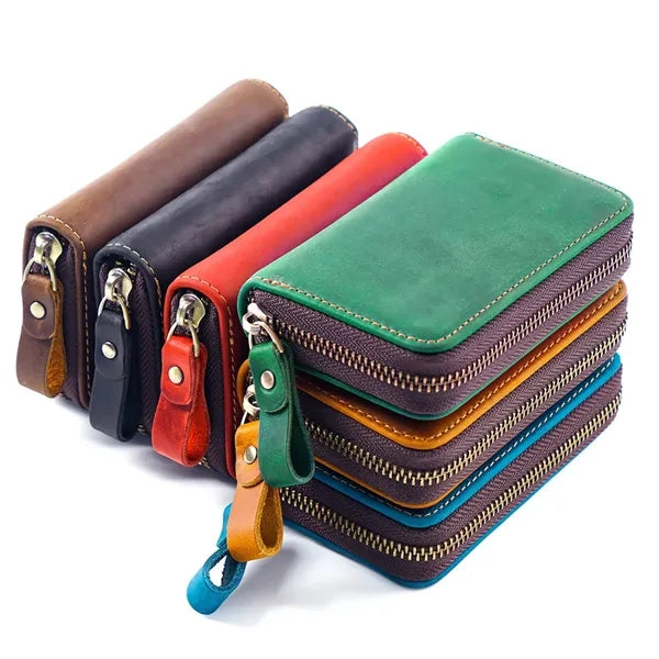 Genuine Cowhide Key Case with Metal Keyring and Card Slot