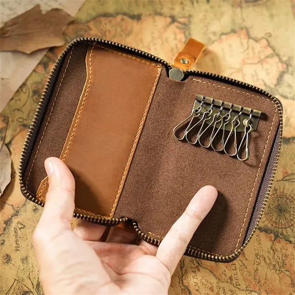 Genuine Cowhide Key Case with Metal Keyring and Card Slot