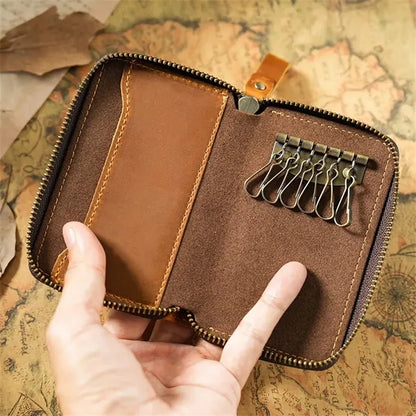 Genuine Cowhide Key Case with Metal Keyring and Card Slot