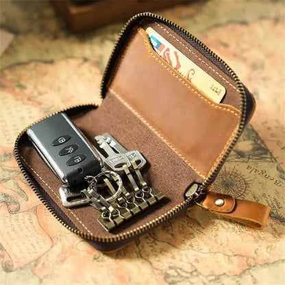 Genuine Cowhide Key Case with Metal Keyring and Card Slot