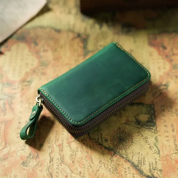 Genuine Cowhide Key Case with Metal Keyring and Card Slot