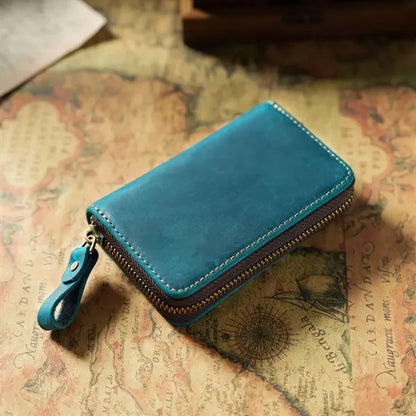 Genuine Cowhide Key Case with Metal Keyring and Card Slot