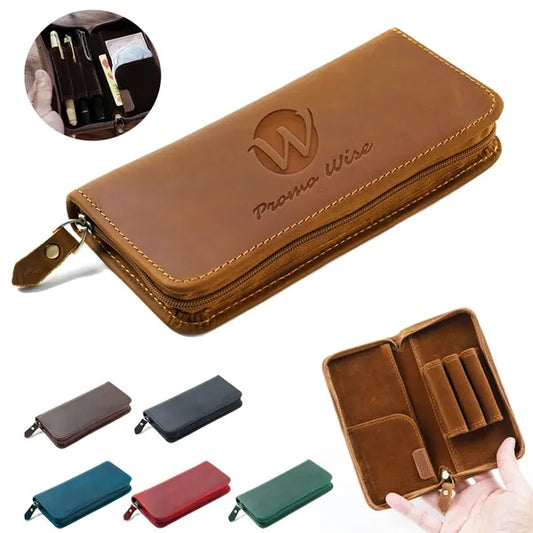 Vintage Leather Zip Fountain Pen Case with 3 Divided Slots