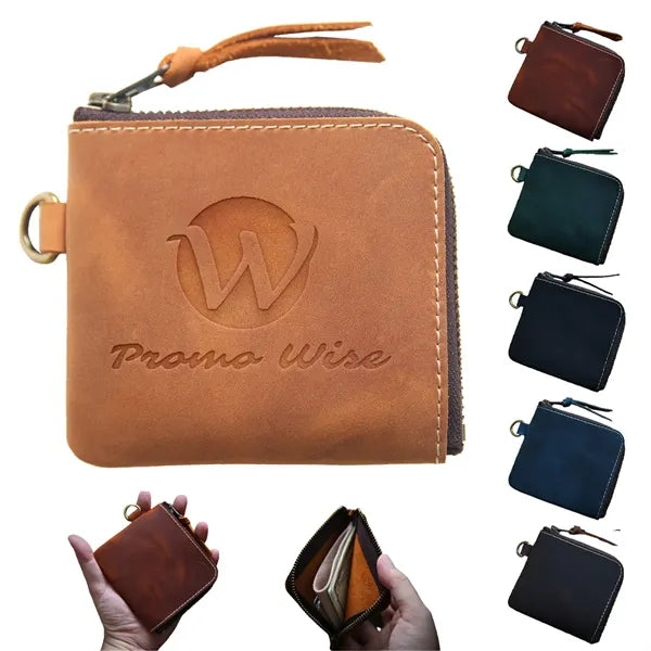 Vintage Short Leather Wallet with Zip and Coin Pocket