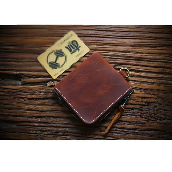 Vintage Short Leather Wallet with Zip and Coin Pocket