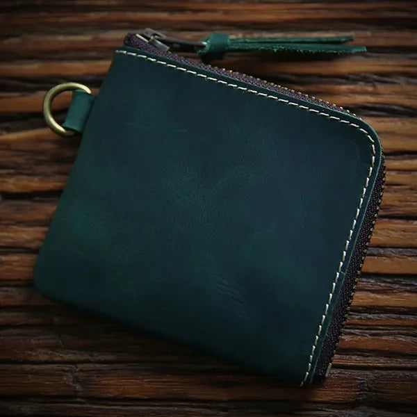 Vintage Short Leather Wallet with Zip and Coin Pocket