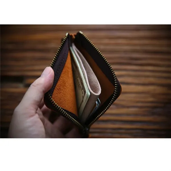 Vintage Short Leather Wallet with Zip and Coin Pocket