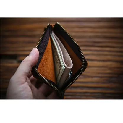 Vintage Short Leather Wallet with Zip and Coin Pocket