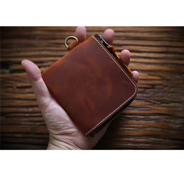Vintage Short Leather Wallet with Zip and Coin Pocket