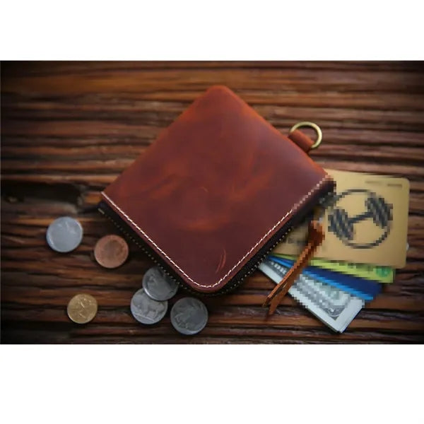 Vintage Short Leather Wallet with Zip and Coin Pocket
