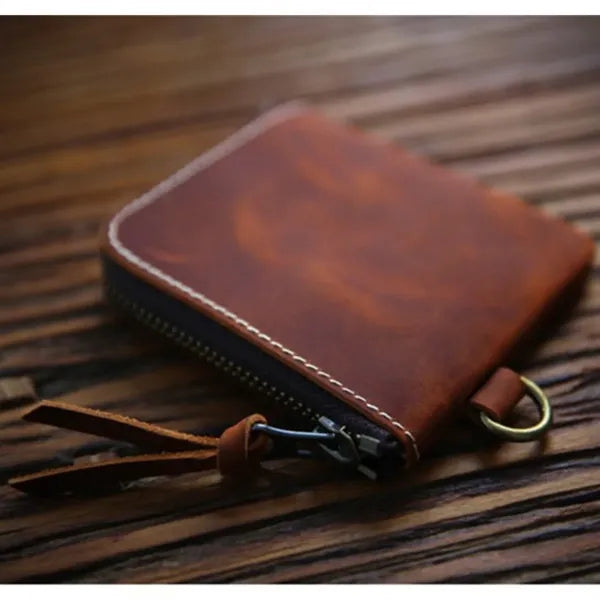 Vintage Short Leather Wallet with Zip and Coin Pocket