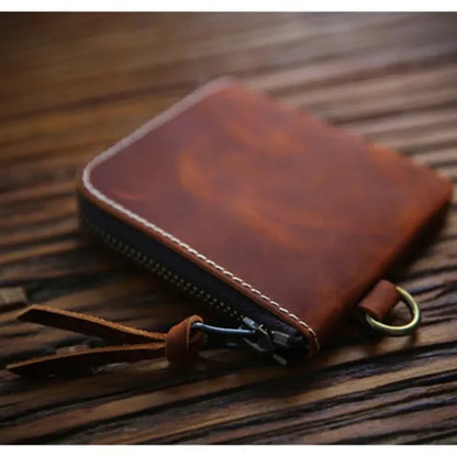Vintage Short Leather Wallet with Zip and Coin Pocket