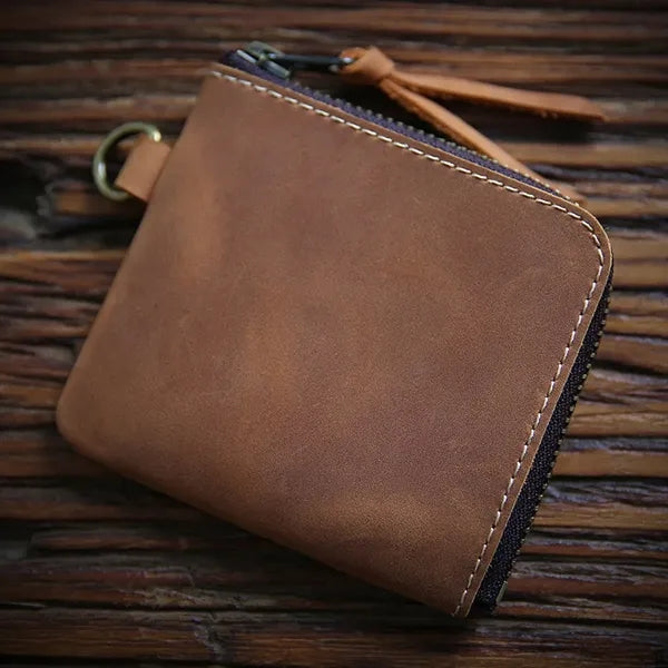 Vintage Short Leather Wallet with Zip and Coin Pocket