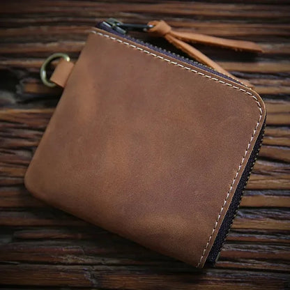 Vintage Short Leather Wallet with Zip and Coin Pocket