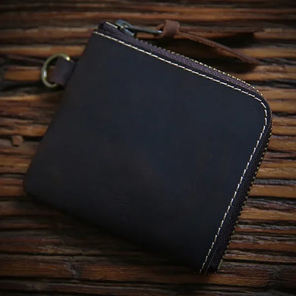 Vintage Short Leather Wallet with Zip and Coin Pocket