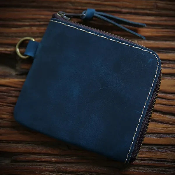 Vintage Short Leather Wallet with Zip and Coin Pocket