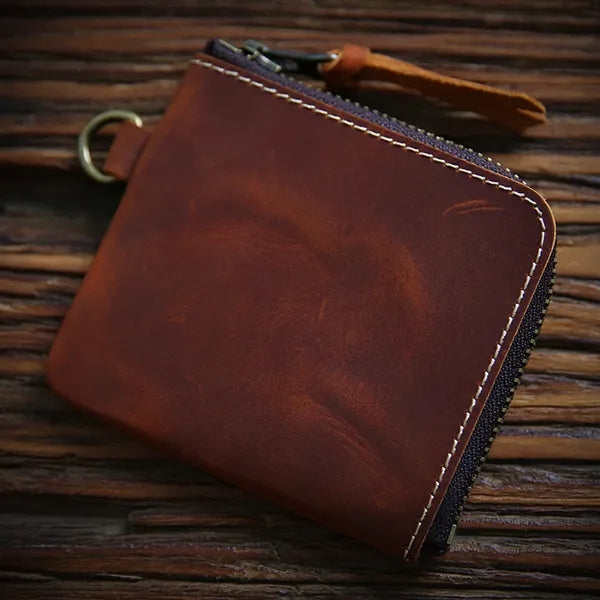 Vintage Short Leather Wallet with Zip and Coin Pocket