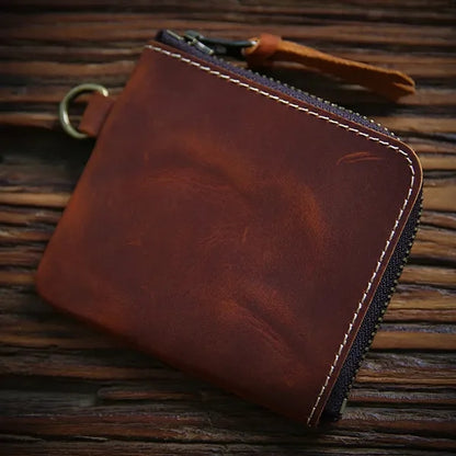 Vintage Short Leather Wallet with Zip and Coin Pocket