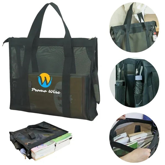 Lightweight Mesh Tote Bag with Zipper and Double Side Pocket