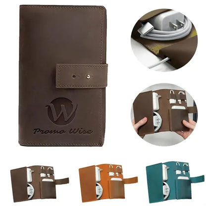 3 Compartments Snap Closure Vintage Leather Cable Pouch