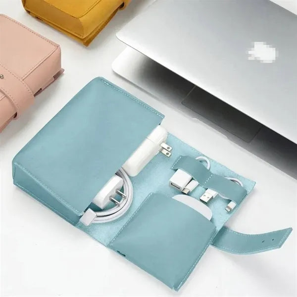 3 Compartments Snap Closure Vintage Leather Cable Pouch