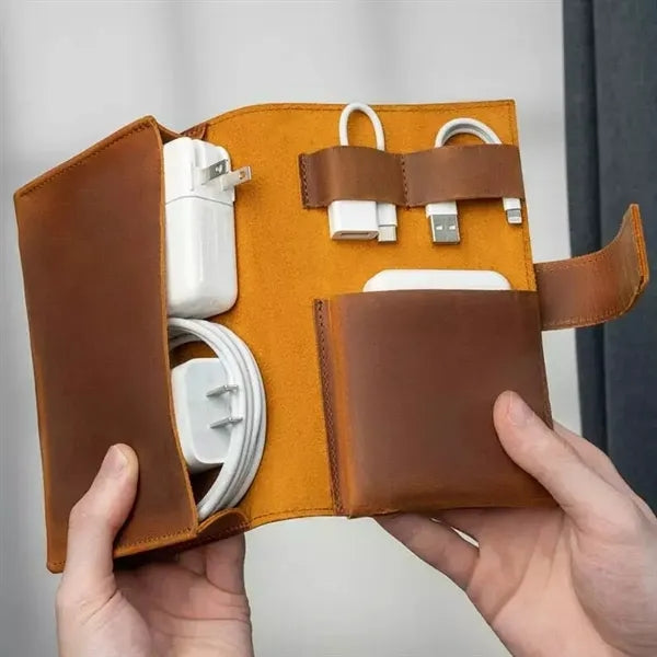 3 Compartments Snap Closure Vintage Leather Cable Pouch