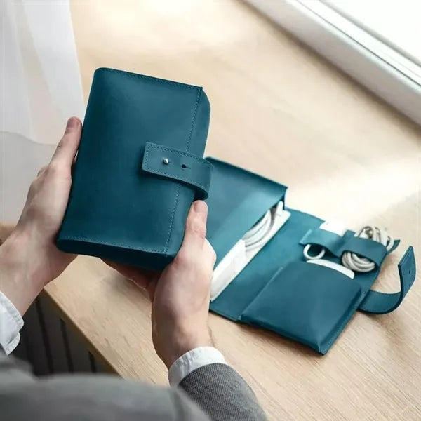 3 Compartments Snap Closure Vintage Leather Cable Pouch