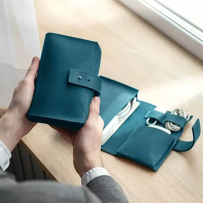 3 Compartments Snap Closure Vintage Leather Cable Pouch