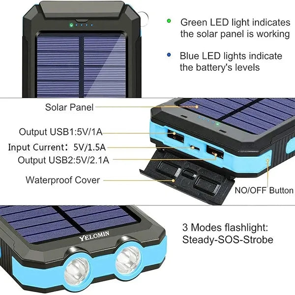 10000mAh Solar Power Bank With Lights Compass