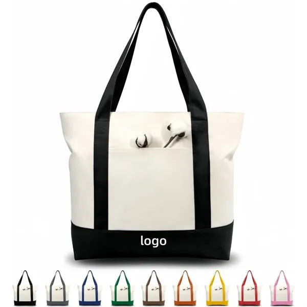Canvas Tote Bag with Zipper and Side Pocket